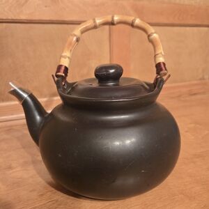 Joyce Chen Ceramic Elegant Black Teapot with Bamboo Handle